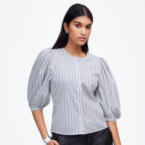 Madewell Tops - Madewell Puff Sleeves Navy Blue and White Striped Blouse NWOT Women's Size 00